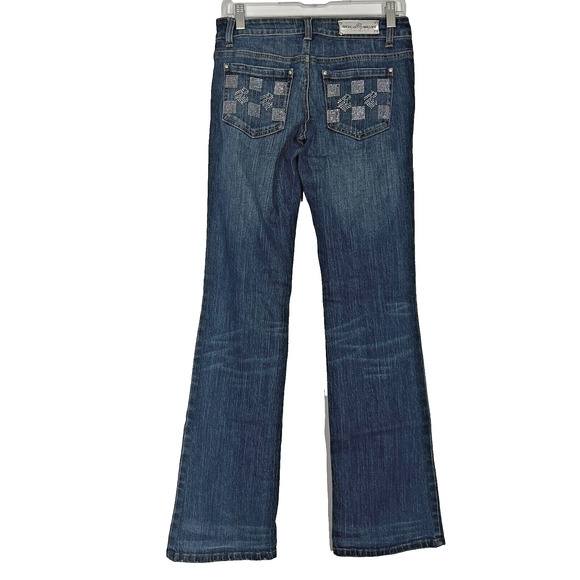 Rocawear Bootcut Jeans Womens 3 Blue Patchwork Denim Rhinestones Classic Retro - Picture 3 of 9